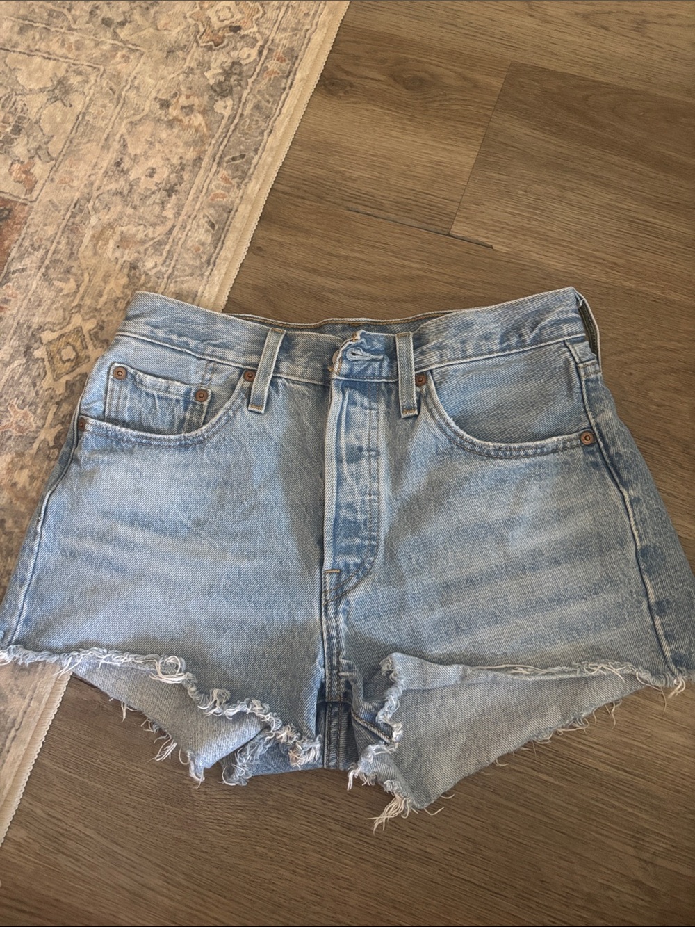 Levi's Light Blue High-Rise Frayed Denim Shorts
